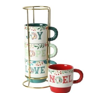 🎄 New Pioneer Woman Merry Meadow 5-PIECE Sentiment Stacking Mugs with Ra